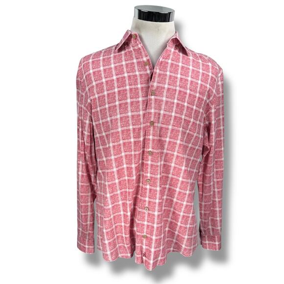 Johnnie O Hangin Out Shirt Men’s Large Red Pink Check Cotton Long Sleeve Button - Picture 1 of 10